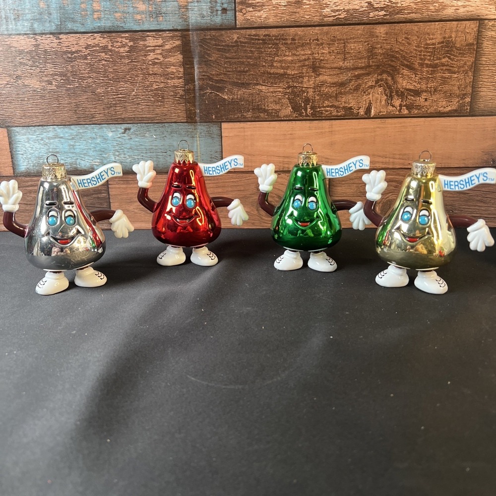 Vintage 1998 Set‎ Of 4 Hershey's Kisses Glass Christmas Tree Ornaments  4"x4"